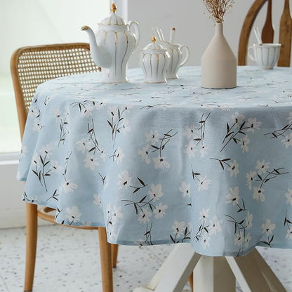 Pastoral Round Tablecloth - 60 Inch Dia. - Linen Fabric Table Cloth - Washable Table Cover with Dust-Proof Wrinkle Resistant for Restaurant, Picnic, Indoor and Outdoor Dining, Floral (Light Blue)