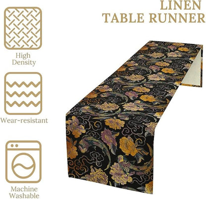 Japanese Table Runner Retro Flowers Oriental Tradition Kio Fish Art Printed Burlap Runner Home Kitchen Dining Table Living Room Decor Fabric 1 Panel W13xL120in