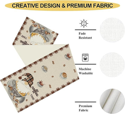Coffee Time Table Runner, Farmhouse Retro Gnome Coffee Cup Tea Party Cafe Table Center Decor for Home Kitchen Dining Patio Holiday Party Indoor Outdoor Table Decorations,13"x36" Inch
