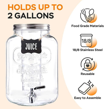 2 Gallon Glass Drink Dispenser for Parties, Beverage Dispenser with Stand, Lemonade Dispenser with 18/8 Stainless Steel Spigot, Leakproof for Sun Tea, Juice, Picnic, BBQ & Bars