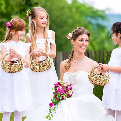 Taiyin 18 Pack Rattan Flower Girl Basket Small Half Moon Straw Wicker Basket with Handle Ideal for Wedding Flower Girl,Picnic,Garden Storage and Home Decor (Nature)