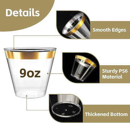 [200 Pack] 9oz Clear Plastic Cups with Gold Rimmed Sturdy & Food Safe Disposable Wine Glasses Party Wedding Cups Disposable Drinking Cups Plastic Cocktail Glasses for Wine, Juice & Cold Beverages
