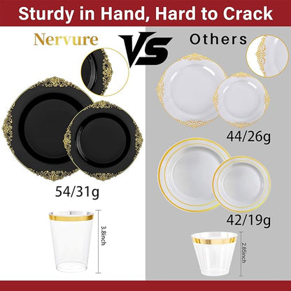 Nervure 350PCS Black Plastic Plates - Black Plastic Dinnerware Sets for 50 Guests - 100 Disposable Plates, 150 Gold Silverware, 50 Cups, 50 Napkins for Wedding & Party & Halloween