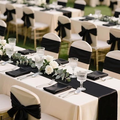SHEJIZE 10 Pack Black Satin Table Runner 12x108 Inches Long, Bright Silky Smooth Satin Table Runner Table Decor for Wedding Banquet Christmas Prom Event Birthday Party