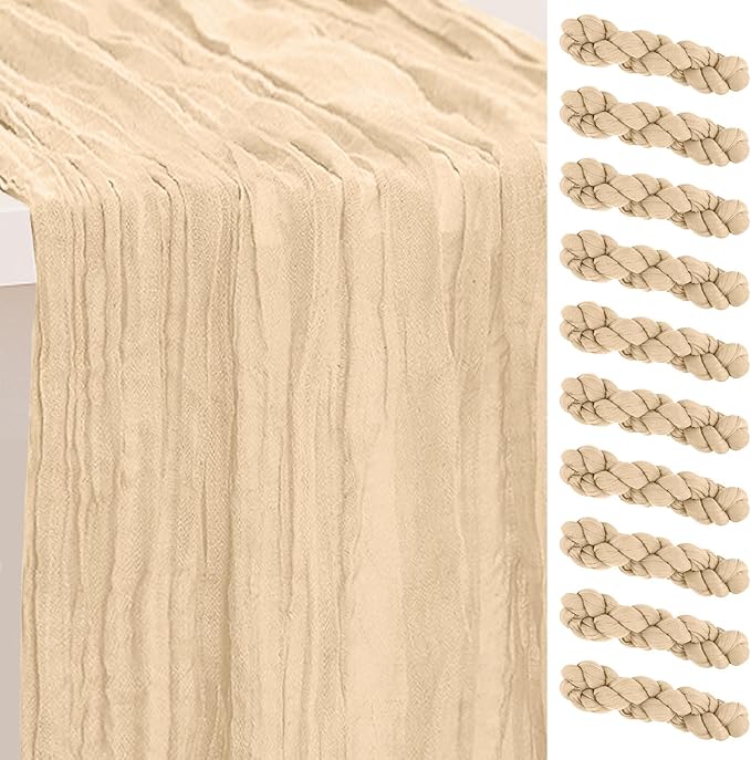 10 Pack Nude Cheesecloth Table Runner 35x120 Inch 10Ft Rustic Gauze Cheese Cloth Table Runner Sheer Cheesecloth Table Runners for Wedding Party Bridal Shower Decoration