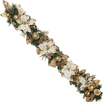 Holiday Tree White Gold Poinsettia Garland 5 Ft – Luxurious Christmas Garland with Metallic Accents, Festive Home Décor for Mantels, Doors & Tables
