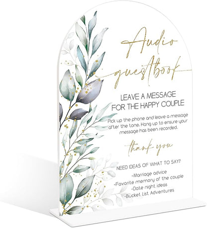 Acrylic Wedding Signs, Greenery Theme Audio Guestbook Sign, Wedding Reception Signage, Bridal Shower Table Decor with Stand, Engagement, Anniversary, Newlywed Events and Parties Supplies, 09