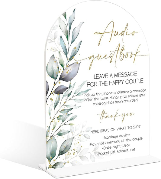 Acrylic Wedding Signs, Greenery Theme Audio Guestbook Sign, Wedding Reception Signage, Bridal Shower Table Decor with Stand, Engagement, Anniversary, Newlywed Events and Parties Supplies, 09