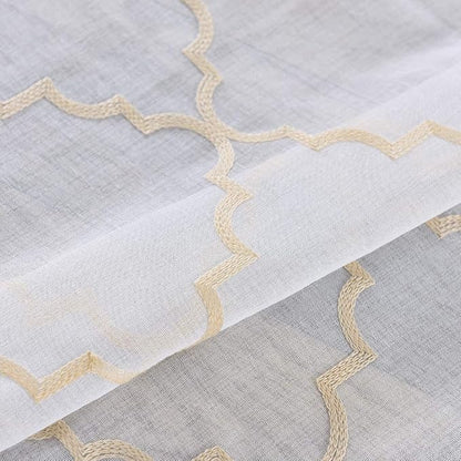 Embroidered Moroccan Tile Lattice Design Gold Sheer Curtains 84 Inch Long, Rod Pocket Sheer Drapes for Living room, Bedroom, 2 Panels, 52"x84", Semi Voile Window Treatments for Yard, Villa, Parlor.