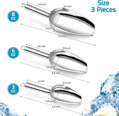 P&P CHEF Canister Scoop Set of 3, Ice Candy Scoop, Stainless Steel Multipurpose Food Scooper for Buffet Jar Freezer, Mirror Finish & Dishwasher Safe, Silver, 3+6+8 Oz