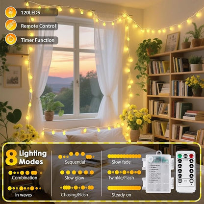 2 Pack Battery Operated String Lights - 52FT 120 LED Globe Fairy Lights with Remote, Waterproof Christmas Light Indoor Outdoor 8 Modes with Timer for Bedroom Classroom Dorm Christmas Decor, Warm White