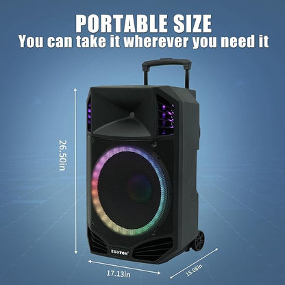 EXOTON S-1501 15 Inch Portable Rechargeable PA Speaker - 1600W, Bluetooth, TWS, USB/RCA, 2 UHF Mics, Remote, 7-Color Lights, DSP with 4 Scene Presets, 5-Band EQ