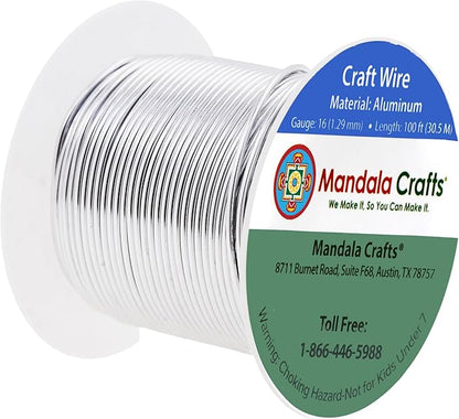 Mandala Crafts 16 Gauge Anodized Aluminum Craft Wire for Jewelry Making - 100 FT Colored Flexible Silver Tone Wire - Bendable for Bonsai Armature Crafting Sculpting