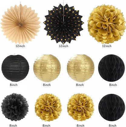 Black Gold Women-Men Birthday Party-decorations - 21pcs Happy Banner,Paper Streamers Lanterns Honeycomb,Tissue Pom Poms Fan,Classroom Birthday Supplies Decor Huglony
