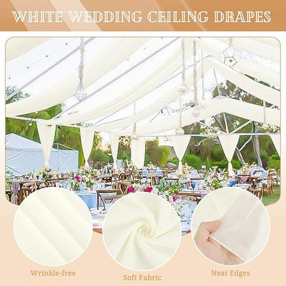 4 Panels Ivory Ceiling Drapes for Wedding 5ftx30ft Sheer Drapery Chiffon Fabric Arch Draping Curtains for Party Ceremony Birthday Baby Shower Reception Stage Ceiling Decorations
