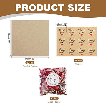 PATIKIL Dried Flower Confetti Cones, 30Pcs Paper Tapers Cone Holder with Dried Rose Petals / Sticker for Wedding Party Engagement Birthday DIY Decoration, Red/Purple