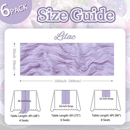 6 Pack Lilac Purple Table Runner 10ft Boho Gauze Fabric Cheesecloth Table Runner 35 x 120 Inch Rustic Sheer Runner for Romantic Wedding Decor Baby Shower Party Table Centerpiece Decoration