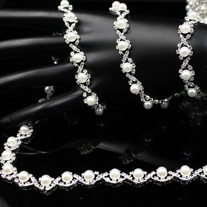 2 Yard Pearl Rhinestone Trim Chain Silver String Crystal Applique Fringe Ribbon Strips Beads Sewing Dress DIY Party Wedding Bouquet for Decoration Bridal Costume Embellishment