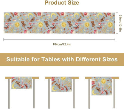 Boho Sun Moon Table Runner Mystical Rustic Butterfly Mushroom Star Table Runner for Kitchen Living Room Dinner Holiday 13x60 Inch