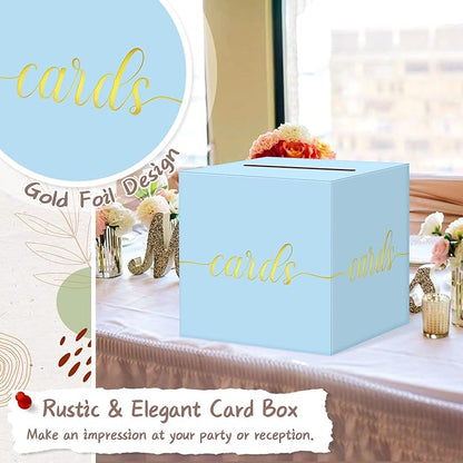 QIKSION Light Blue Wedding Card Box, Gold Foil Gift Card Box for Party, Wedding Reception, Birthday, Baby Shower, Raffle, Graduation