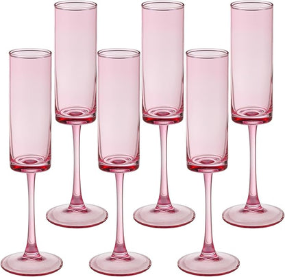 6 Pieces Pink Champagne Flutes 6 OZ Straight Sided Wine Glasses Champagne Long Stem Drinking Colored Glasses,Set of 6 Hand Blown Champagne Flutes Goblets for Wedding Cocktail Cups,Cava, Prosecco