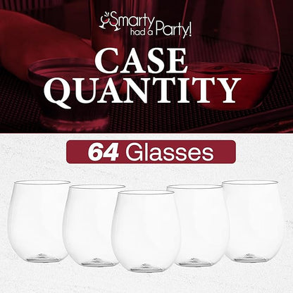 Smarty Had A Party 12 oz Clear Plastic Stemless Wine Glasses (64 Pieces) – Classy Disposable Stemless Cups, Unbreakable Drinkware – Plastic Spritz Glasses for Weddings & Parties; Wine Party Supplies