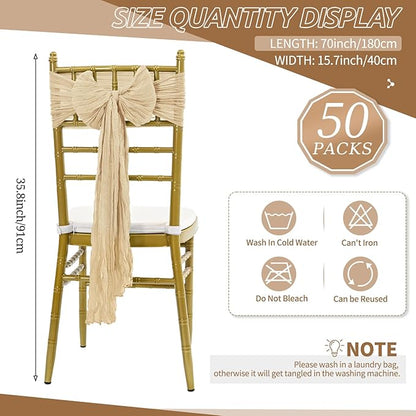 50 PCS Cheesecloth Chair Sashes Bows Wedding Aisle Decorations Chair Ribbon Ties Back Sash for Wedding Party Events Banquet Chair Cover Decoration (Beige)