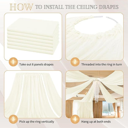 6 Panels Ivory Ceiling Drapes for Wedding 5ftx30ft Sheer Drapery Chiffon Fabric Arch Draping Curtains for Party Ceremony Birthday Baby Shower Reception Stage Ceiling Decorations