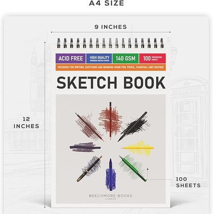 BEECHMORE BOOKS 9x12 Spiral Sketchbook – 140 GSM Acid-Free Paper, 100 Perforated Pages, A4 Art Sketch Pad for Drawing & Sketching, Artists, Adults