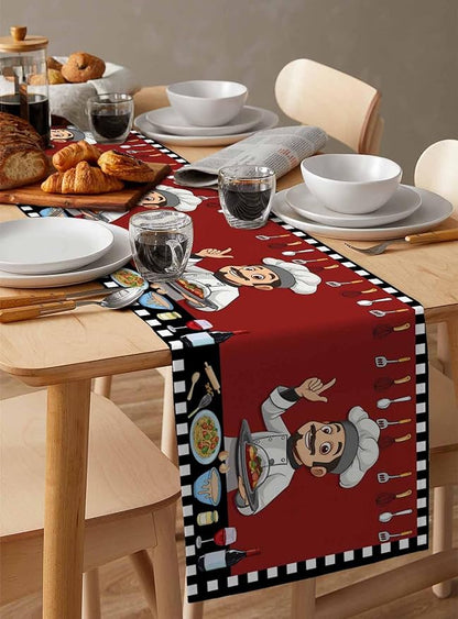 Red Chef Gourmet Cotton Linen Table Runner for Dining Kitchen, Wedding Outdoor Party Tablerunners Decoration, Black White Check Plaid Funny Kitchen Dresser Scarf Coffee Tablecloth Runners 13x90 Inches