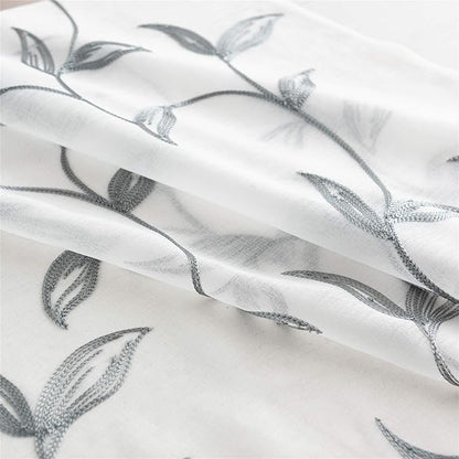 VISIONTEX Sheer Curtains 84 Inch Length 2 Panels, Decor Iron Grey Vine Leaves Embroidery on White Voile Pair, Accent Semi Window Drapes for Kitchen, Living Room and Bedroom, 54" W x 84" L