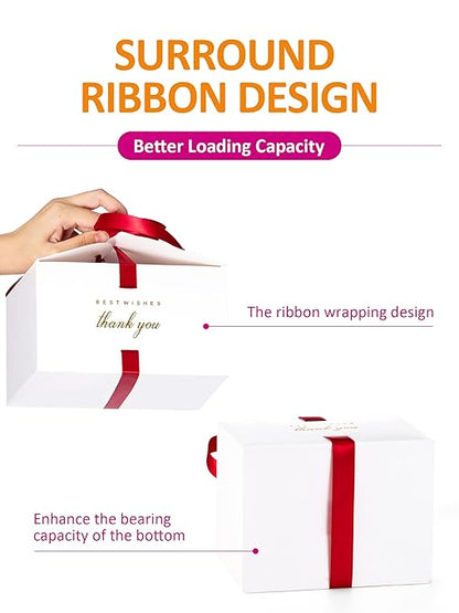 MESHA 8×8×4'' Gift Boxes with Ribbons,10PC White Gift Box with Lid, Thank you Box for Gifts,Candy Treat Boxes for Presents