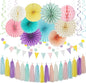 Pastel Rainbow Pink Purple Yellow Peach Party-Decorations - 33pcs Kits Banner,Streamers Tassel Garland,Tissue Pom Poms Honeycomb,Paper Lantern Fans,Birthday Wedding Bridal Baby Shower Decor Hugtmr