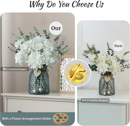 Fake Flowers in Vase,8 Dahlias,Silk Artificial Flowers in Vase,Centerpiece Table Decorations,Coffee Table Decor,Faux Flowers in Vase with a Flower Arrangement Holder