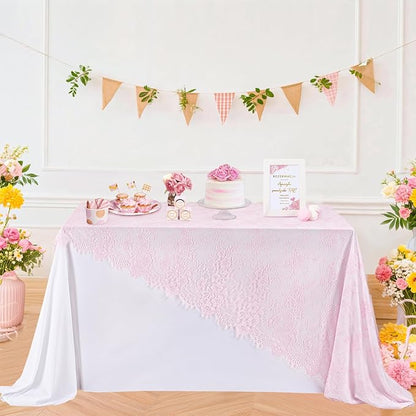 LuoluoHouse Pink Lace Table Cloth 60x120inch Tablecloth for Decorations Wedding Bridal Baby Shower Indoor Outdoor Event
