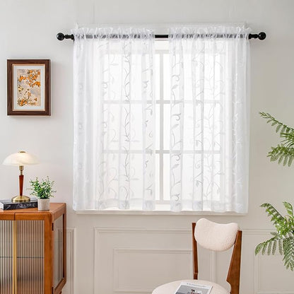 VISIONTEX Sheer Voile Curtains, Decorative White Leaves Embroidery Faux Linen Rod Pocket Window Drapes for Home Kitchen, Living Room and Bedroom 54 x 54 Inch, Set of 2 Curtain Panels