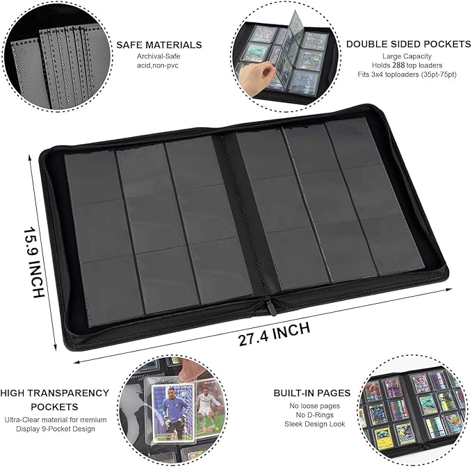 Toploader Binder with 9-Pocket Pages, Holds 288 "3×4" Rigid Toploader Hard Cases, Card Holder for Collectible Cards or Sports Cards, Durable Sleeves for Storage & Display (Emerald)