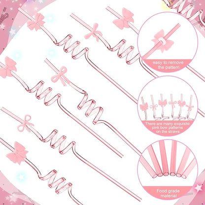 Yungyan 24 Sets Pink Bow Party Favors Goodie Cups with Lids and Straws for Birthday Coquette Party Decorations Reusable 16oz Plastic Candy Cups Plastic Straws for Christmas Decor(Pink Bow)
