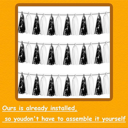 3P Black White Foil Fringe Tassel Banner Metallic Tinsel Streamer Garland Wall Curtain Backdrop for Parade Floats, Graduation, Halloween, Christmas, Father's Day Party Decorations