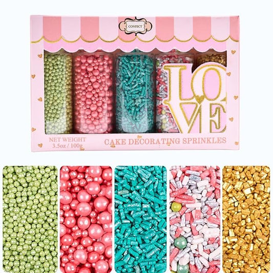 Confect Cool Mom Sprinkles Mix – 5 Pack Assorted Cake & Cupcake Decorations (Teal Jimmies, Green Dragees, Pink Pearls, Sparkling Gold Sugar) –Fun Dessert Toppings for Baking, Parties & Gifts – Vegan, Gluten-Free, Nut-Free, Soy-Free, Dairy-Free, Palm Oi...