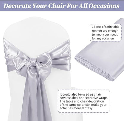 12 Pack Silver Satin Table Runner,12 x 108 inch Long Premium Smooth Table Runner for Wedding, Banquets, Birthday, Party, Graduation, Engagements, Table Runners fit Rectangle and Round Table