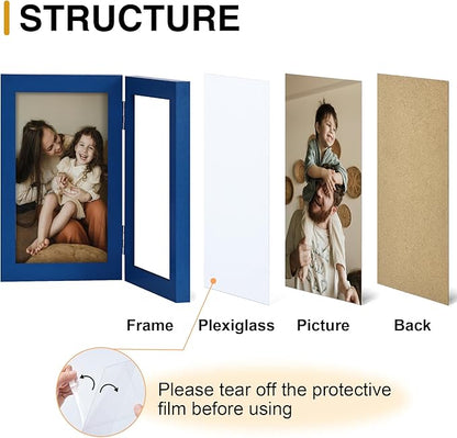 decorUhome Double 5x7 Picture Frame Vertical, Engineered Wood Bifold Photo Frame with Plexiglass for Tabletop Display, 5x7, Royal Blue