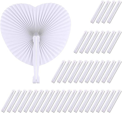 ZWIN 48 Pcs Heart Shaped Paper Fans for Wedding Pocket Folding Paper Fans with Plastic Handle White Blank Fans for Guest Celebration Party Decoration