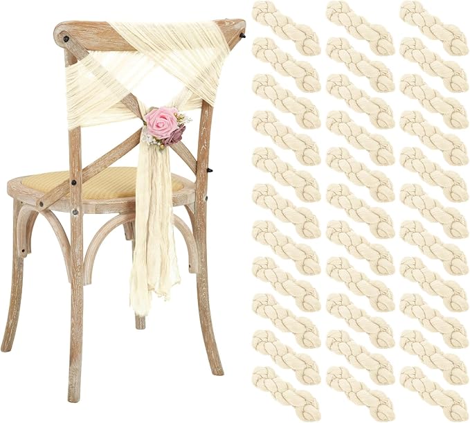 50 PCS Cheesecloth Chair Sashes Bows Wedding Aisle Decorations Chair Ribbon Ties Back Sash for Wedding Party Events Banquet Chair Cover Decoration (Ivory)
