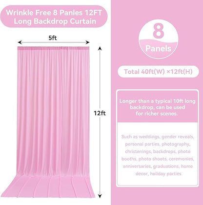 40ftx12ft Wrinkle Free Pink Backdrop Curtain, 8 Panels 12FT Height Pink Wedding Backdrop Drapes, Silky Polyester Back Drop Cloth for Birthday Photography Background Party Backdrop Draping