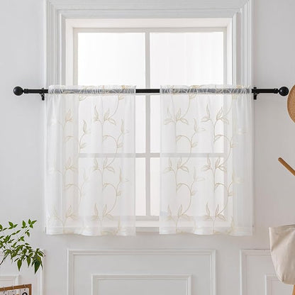VISIONTEX White Sheer Voile Curtains, Decorative Leaves Embroidery Faux Linen Rod Pocket Window Drapes for Home Kitchen, Living Room and Bedroom 26 x 36 Inch, Set of 2 Curtain Panels