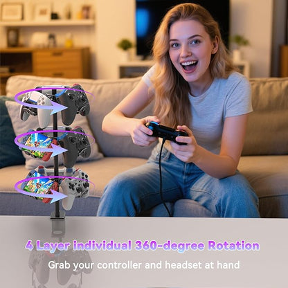Rotatable 4 Tier Desk Clamp Controller Headset Stand, Universal Under Desk Controller Holder Rack for PS5 Xbox Nintendo Switch PC PS4, Aluminum Gaming Headphone Hanger, Black