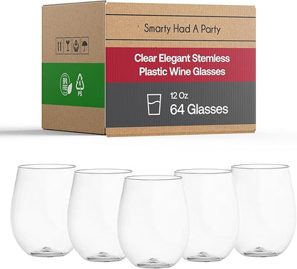 Smarty Had A Party 12 oz Clear Plastic Stemless Wine Glasses (64 Pieces) – Classy Disposable Stemless Cups, Unbreakable Drinkware – Plastic Spritz Glasses for Weddings & Parties; Wine Party Supplies