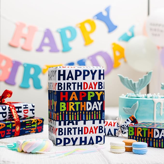 Birthday Wrapping Paper Roll - 30 Inch X 33 Feet - Reversible Metallic Foil Navy Blue Party Hat Theme Boy Gift Wrap Paper Blue Polka Dot Men Present Sheet for Kid Birthday, Party, Holiday, Celebration