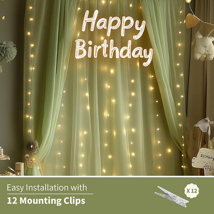 Sage Green Tulle Backdrop Curtain with Lights String - 10x10ft Sheer Backdrop with 300 LEDs for Wedding, Baby Shower, Bridal Shower, Birthday Party Photo Shoot Background and Home Decorations